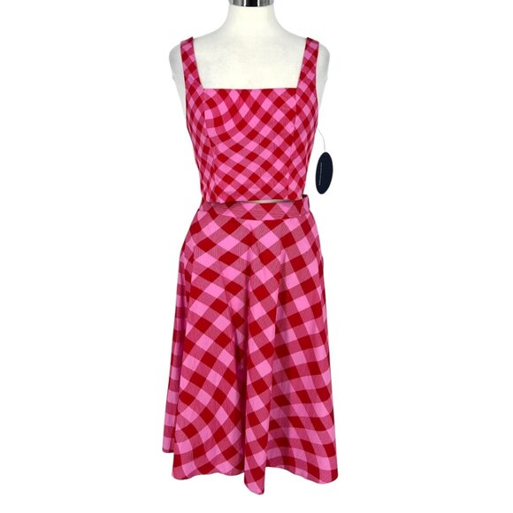 Scoop NYC Pink Red Gingham Sleeveless Two Piece Tank Skirt Set Size Small NWT - Picture 1 of 15